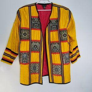 JA Resort Vtg 80s Silk Asian Yellow Women Jacket Coat Kimono Size Medium